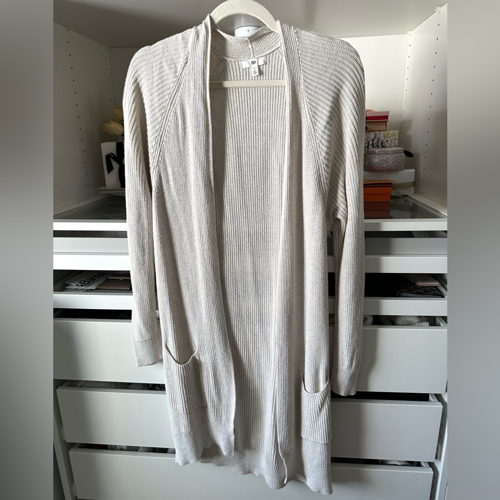 BP long Knit Cardigan Open front Oatmeal Light beige Color